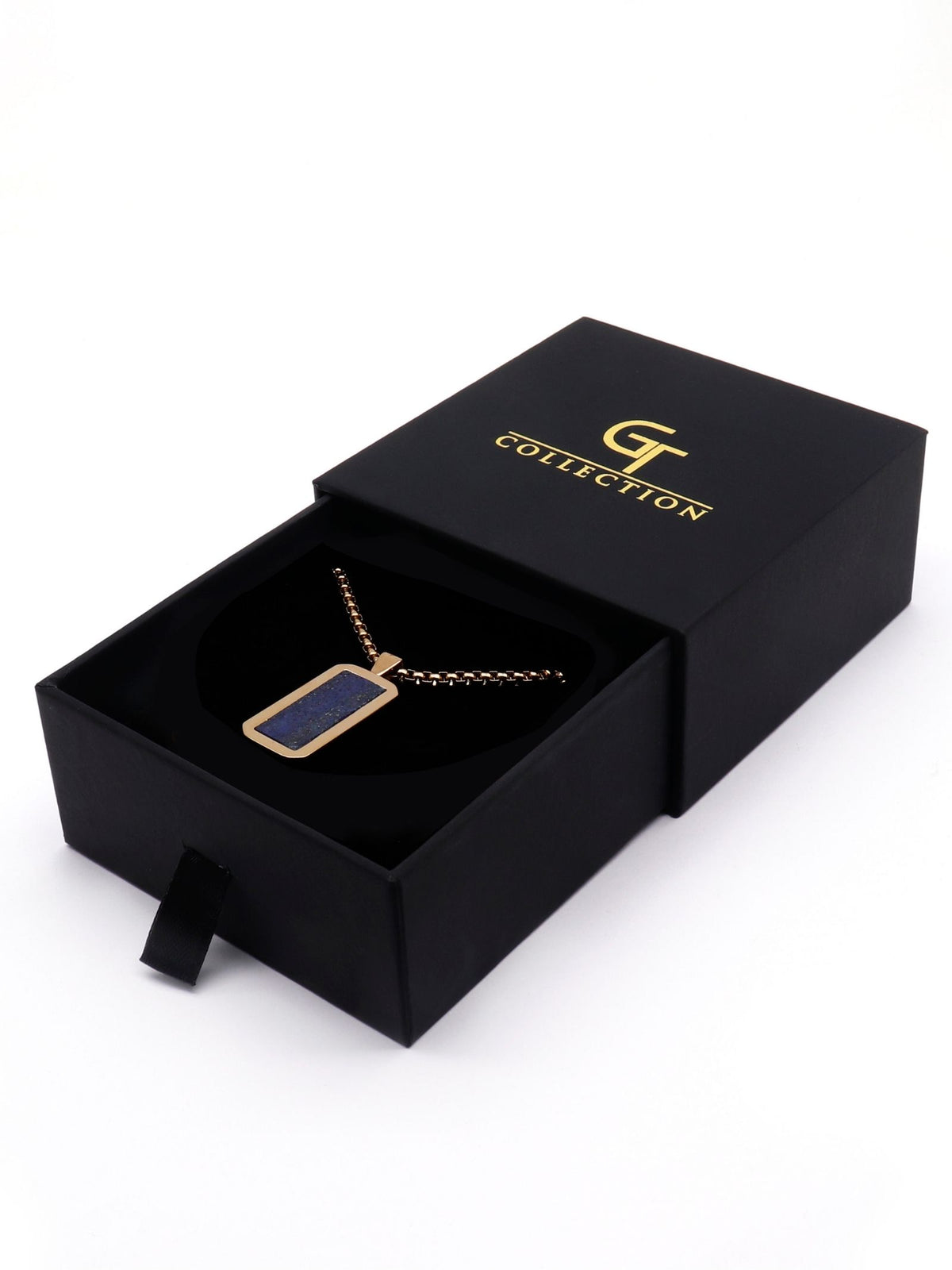 Gold lapis lazuli rectangle pendant necklace in black gift box with chain