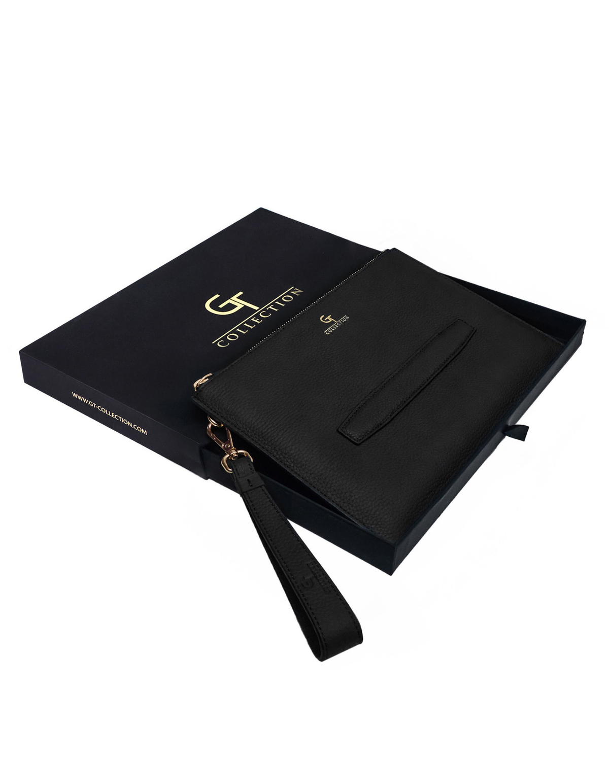 Black leather pouch with front pocket, wrist strap, and gold-tone hardware