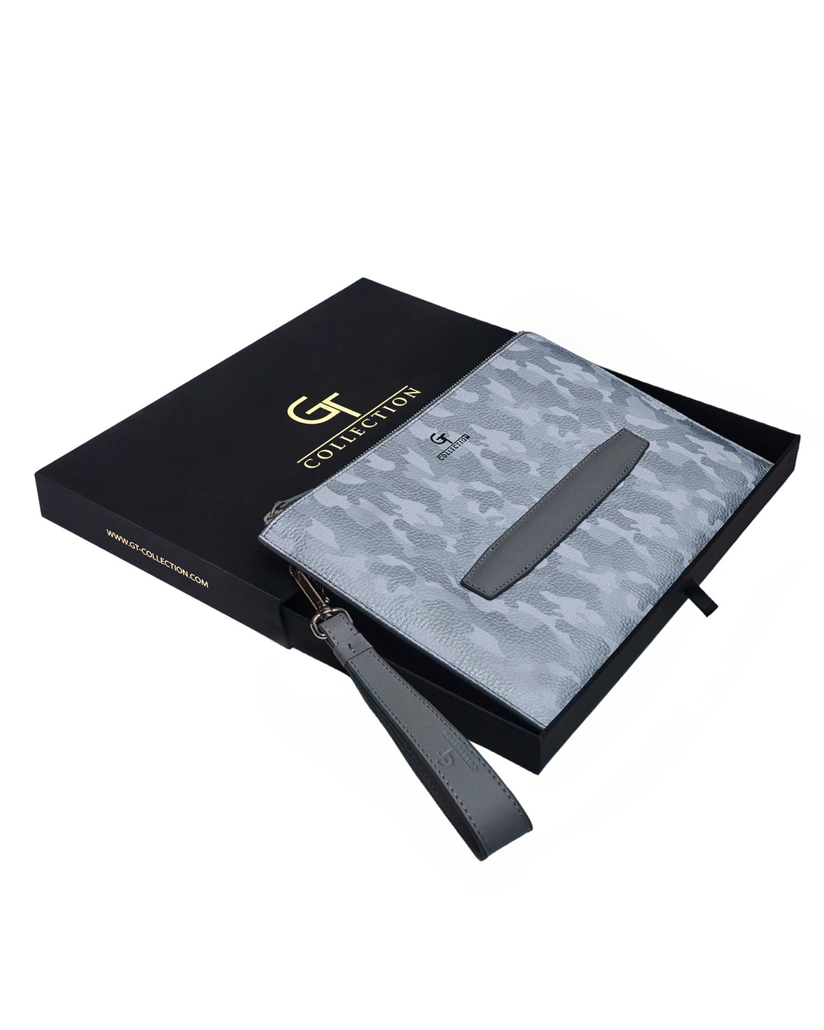 White camo leather pouch with wrist strap and silver-toned zipper
