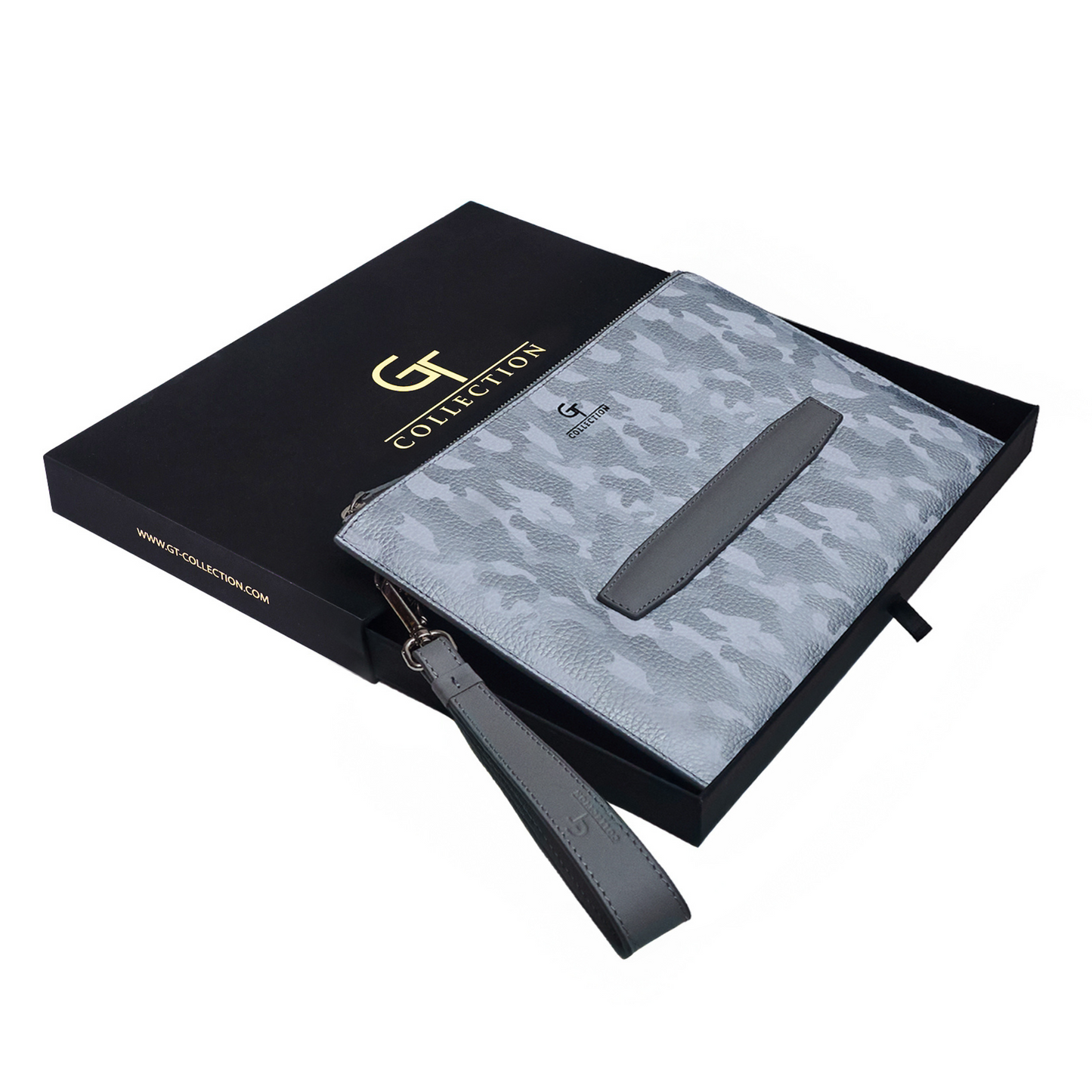 Men's Leather Hand Bag - White Camouflage with silver details