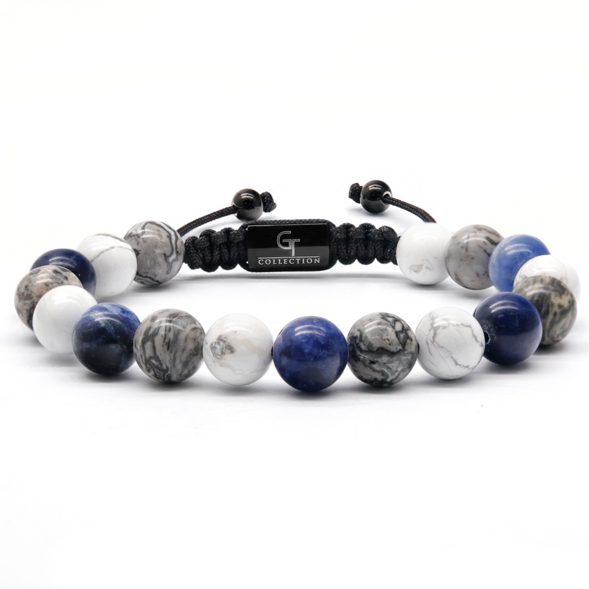 Beaded men’s bracelet with round blue and white stones on a black adjustable cord