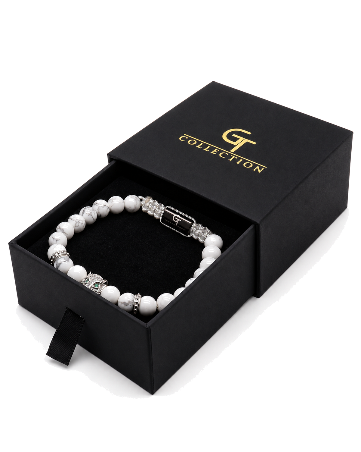 White howlite bead bracelet displayed in a black gift box