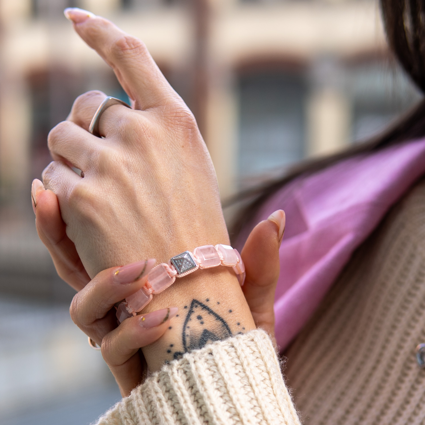 Armband met platte kralen van roze kwarts voor dames