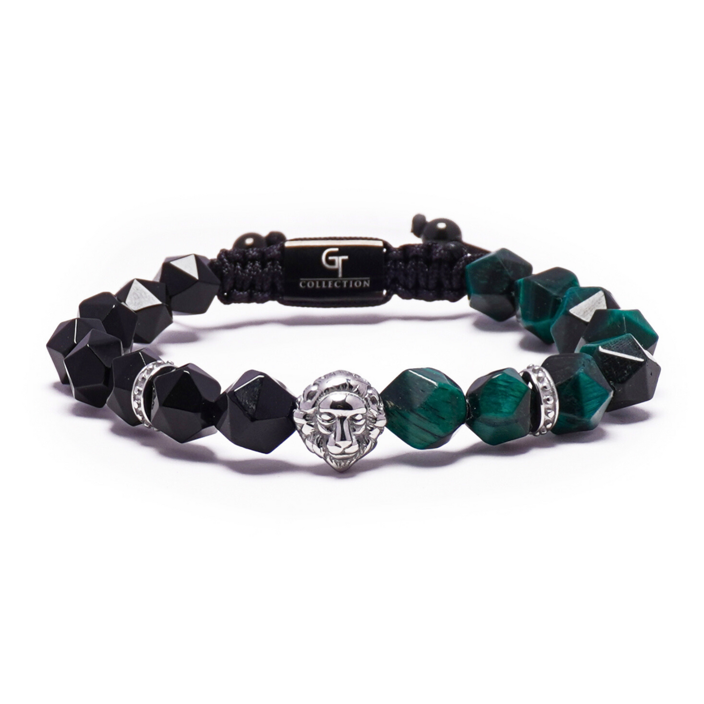 Men's GREEN TIGER EYE, ONYX Bracelet with Silver LION Head