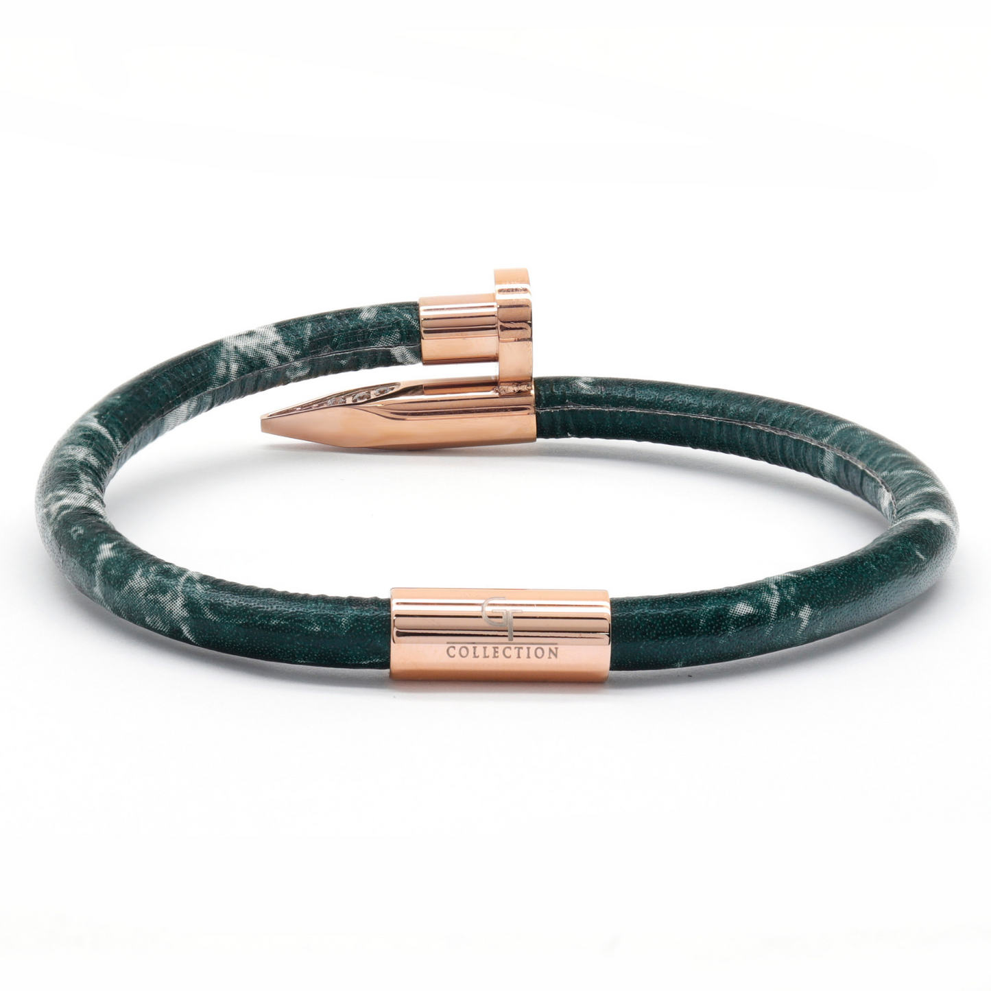 Bracelet Rose Gold Nail with Zircon Diamond - Green Leather