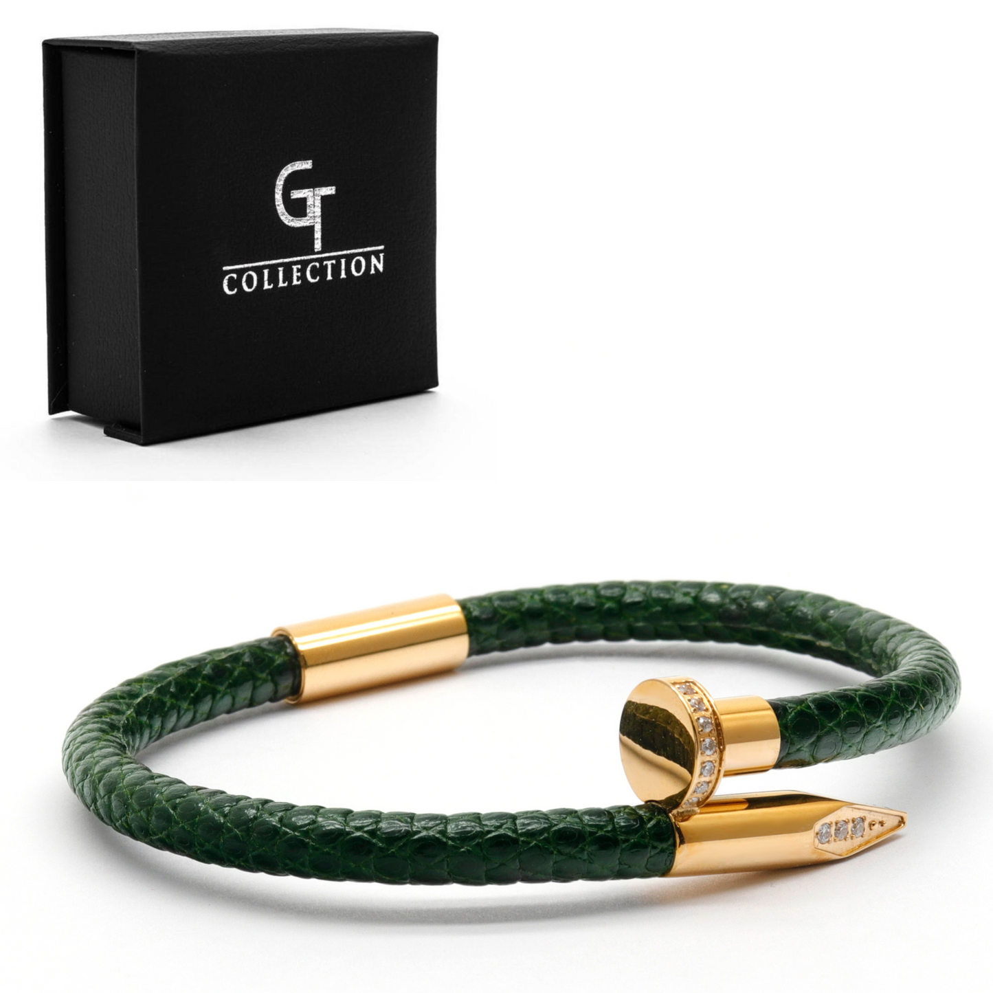 Bracelet - Green Leather with Golden Nail and Zircon Diamond