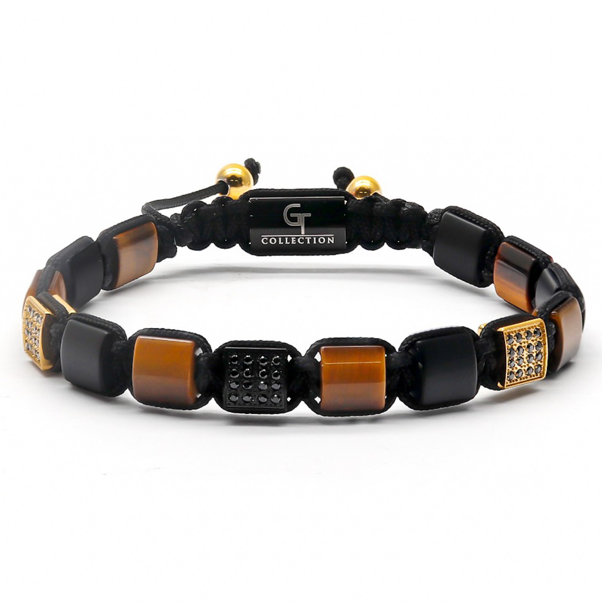 Men's black cord bead bracelet with tiger-eye style stone cubes and gold-tone accents
