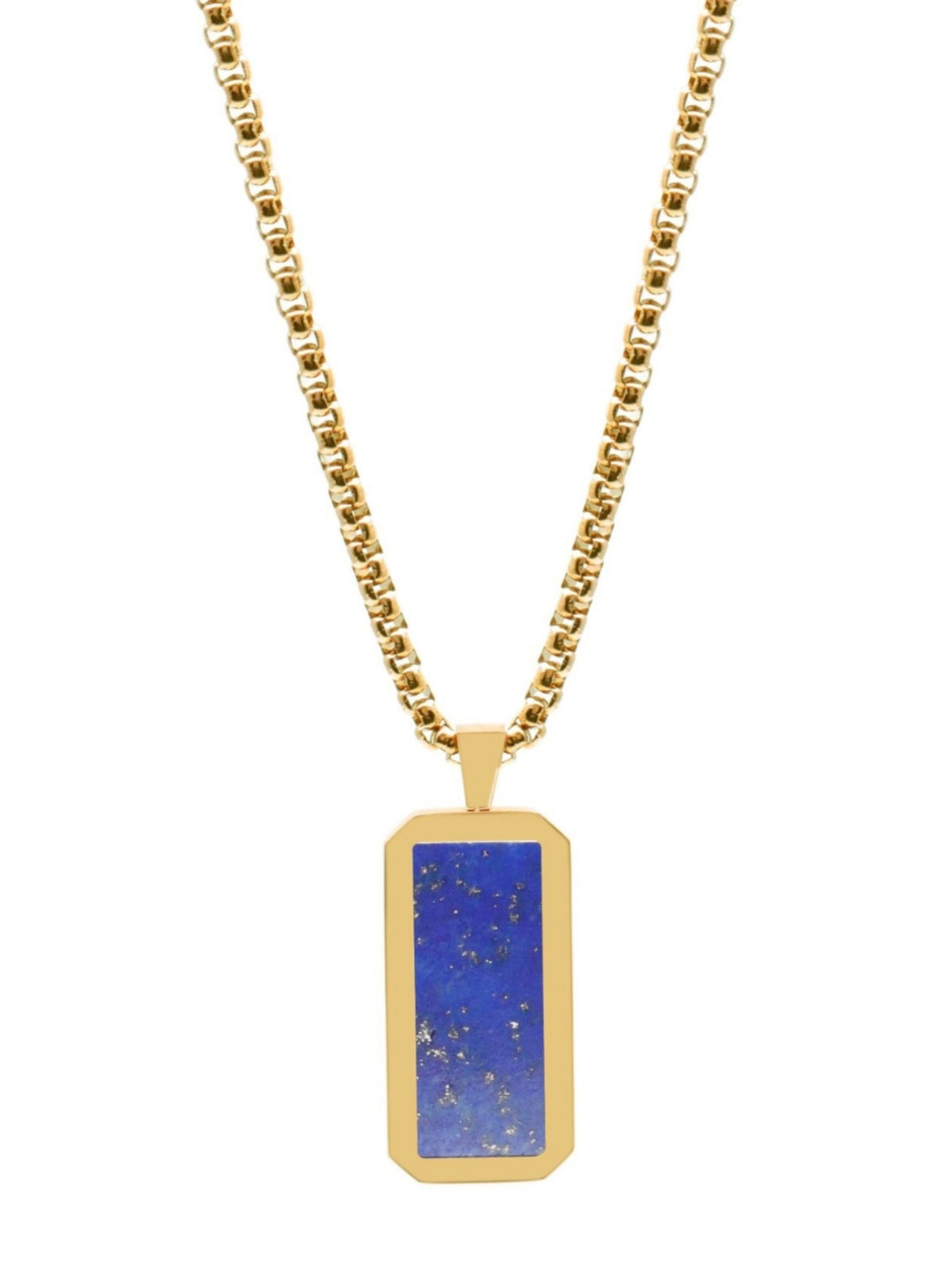 Gold chain necklace featuring a blue rectangle lapis pendant