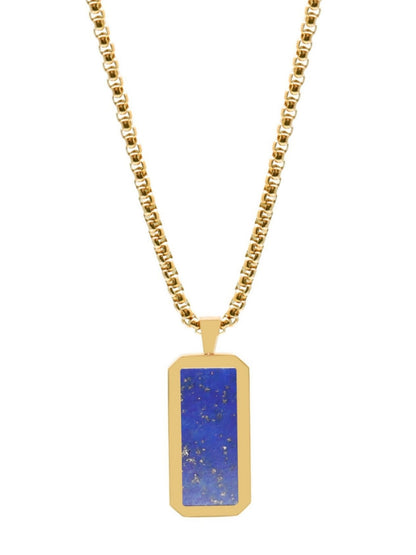 Gold chain necklace featuring a blue rectangle lapis pendant