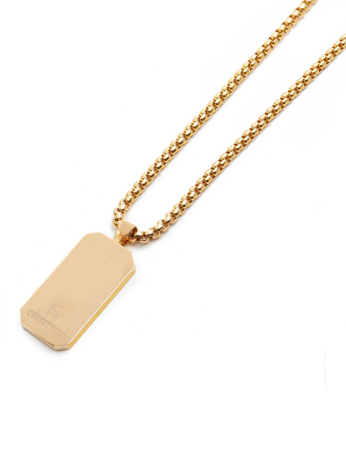 Gold chain necklace with rectangular gold-edged blue stone pendant