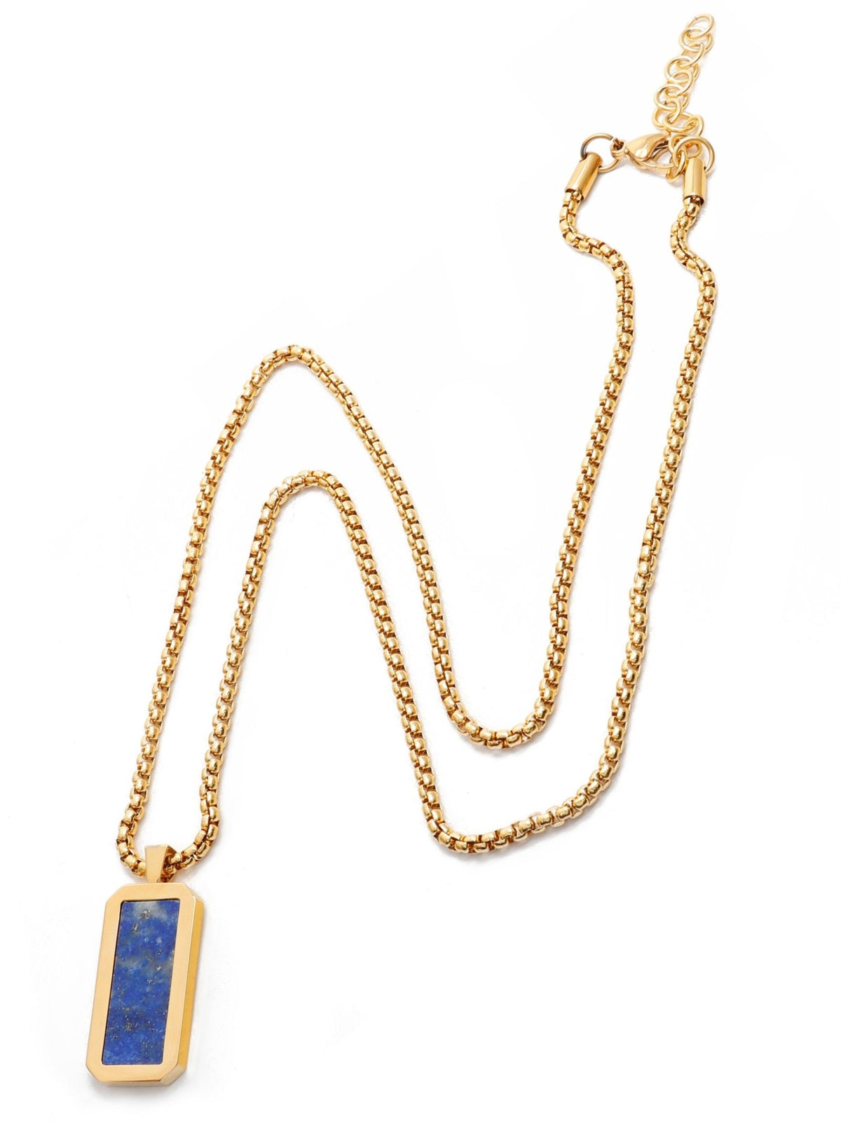 Long gold chain necklace with blue rectangle pendant, angled view
