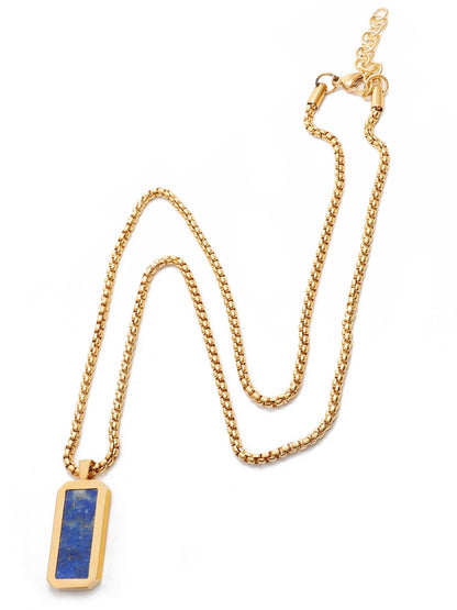 Long gold chain necklace with blue rectangle pendant, angled view
