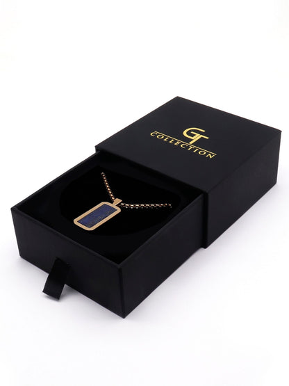 Gold lapis lazuli rectangle pendant necklace in black gift box with chain