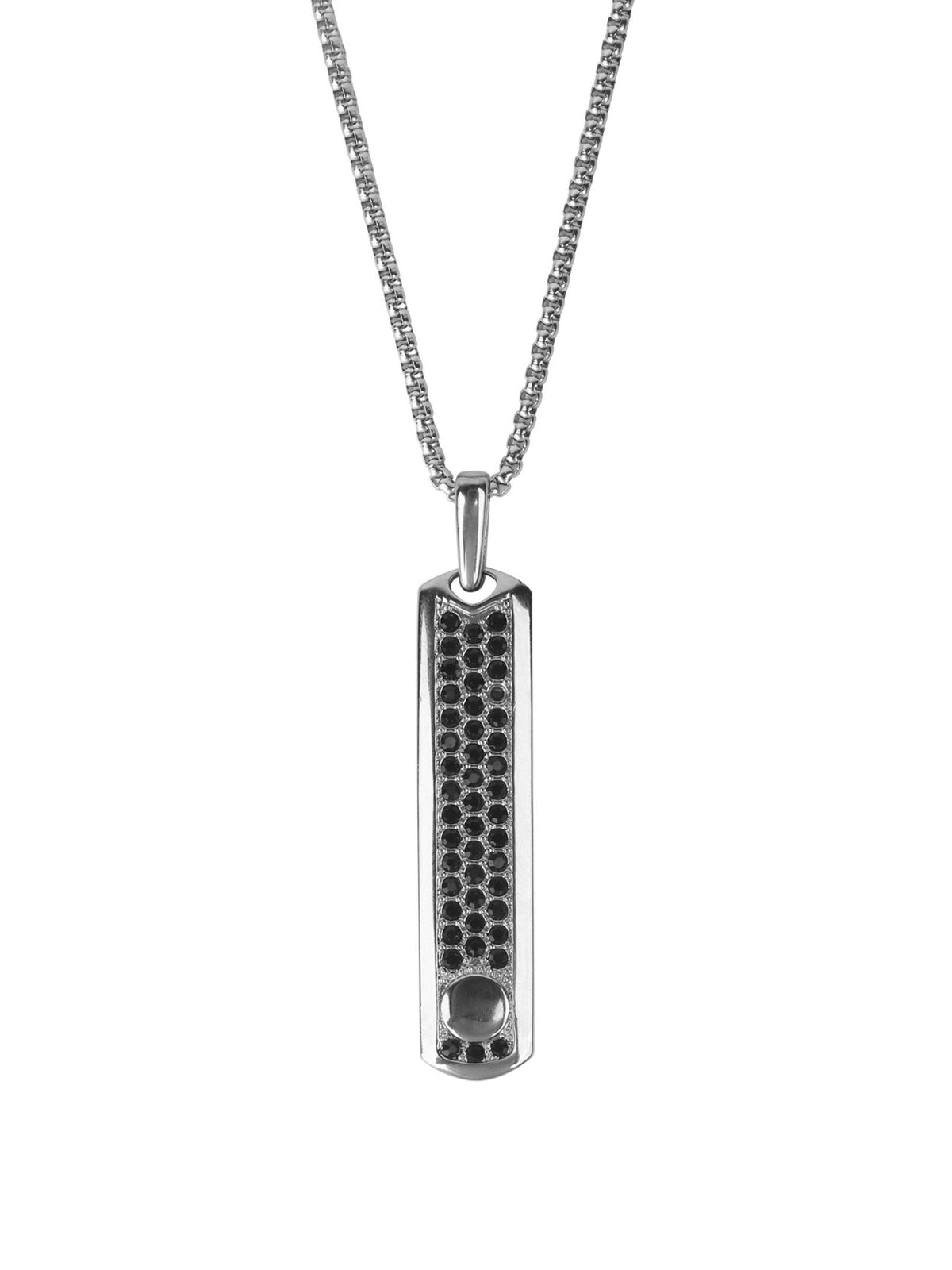 Silver pendant necklace with black stone studded bar and link chain