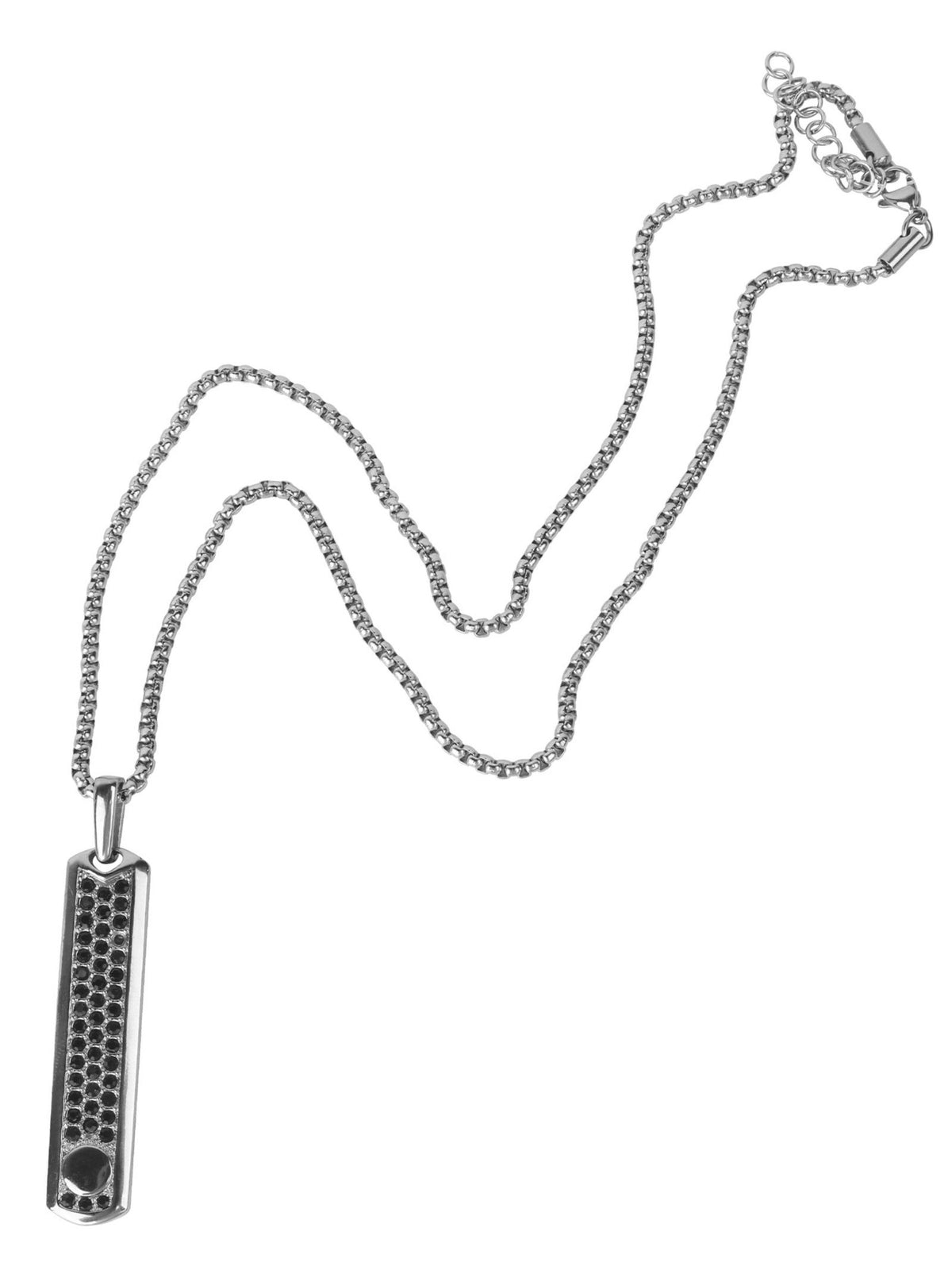 Silver pendant necklace with black-studded tube pendant hanging on chain