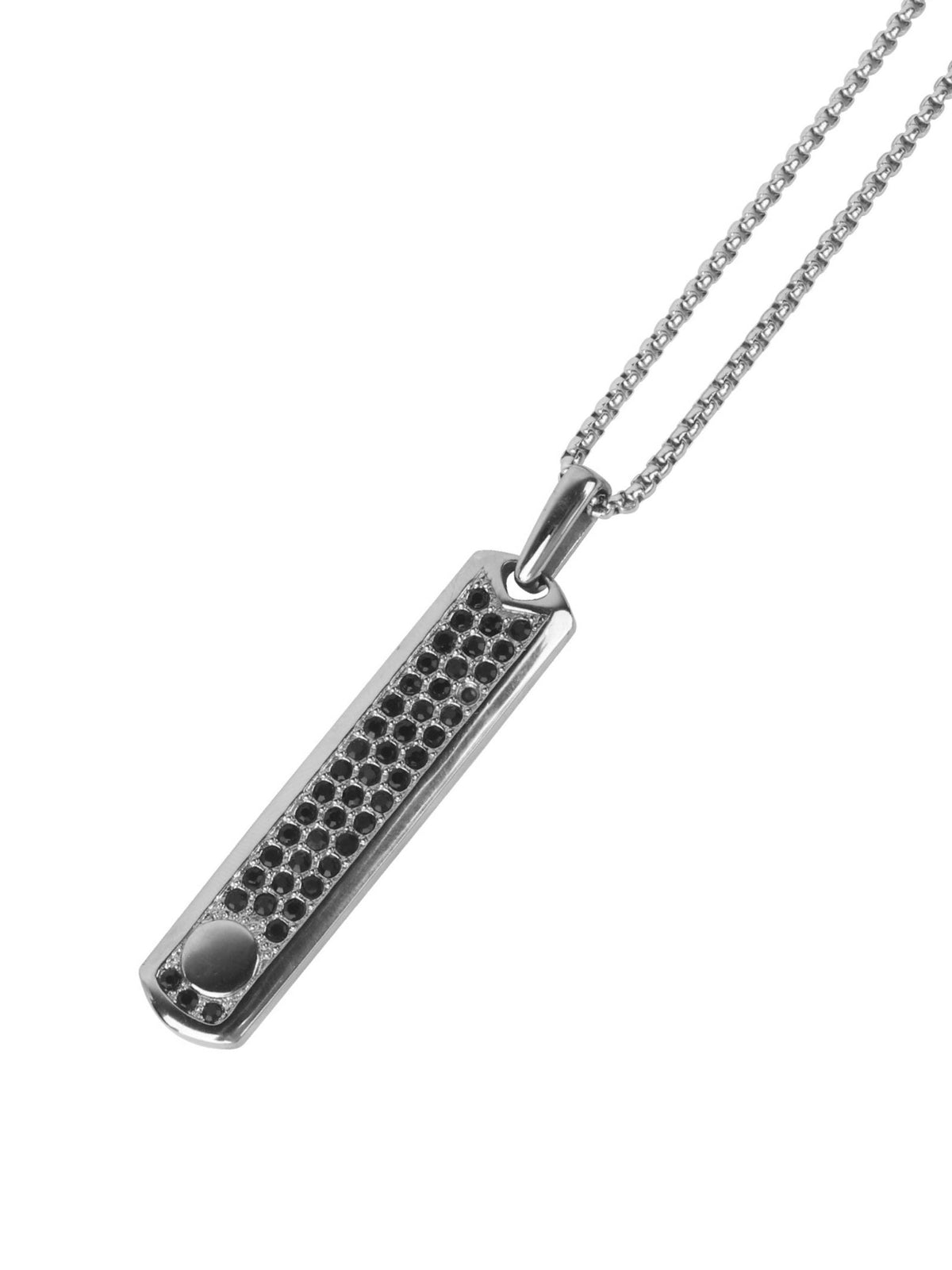 Silver pendant necklace with black zircon studded bar pendant and chain