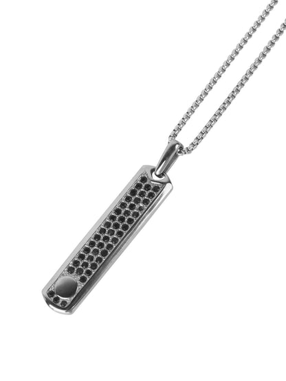 Silver pendant necklace with black zircon studded bar pendant and chain