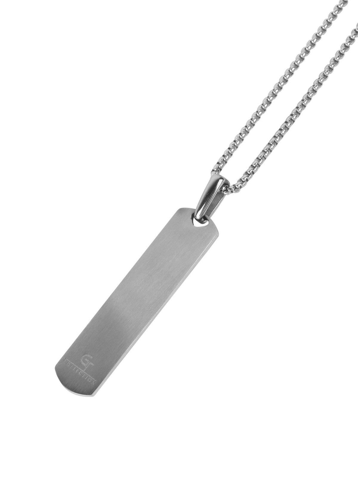Silver pendant necklace with rectangular engraved bar pendant on chain