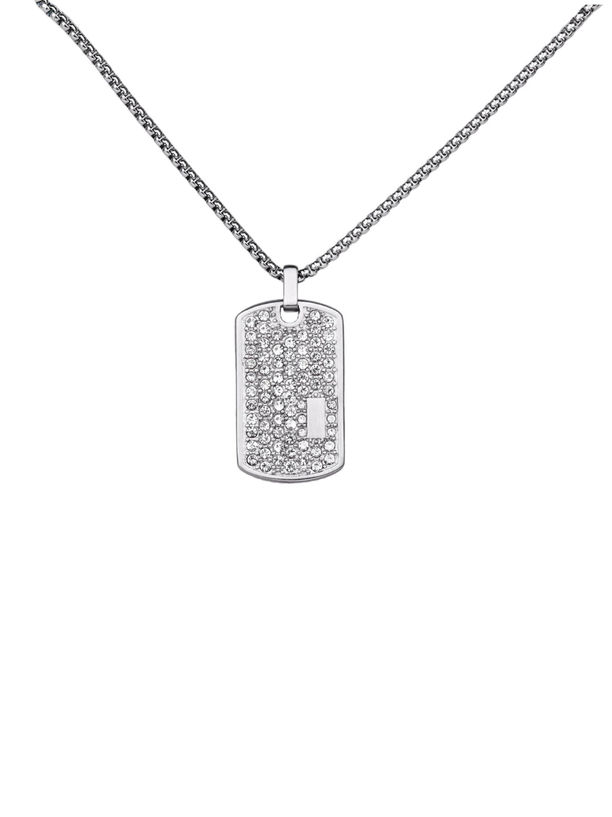 Silver-tone dog tag pendant with clear stone pattern on a chain necklace