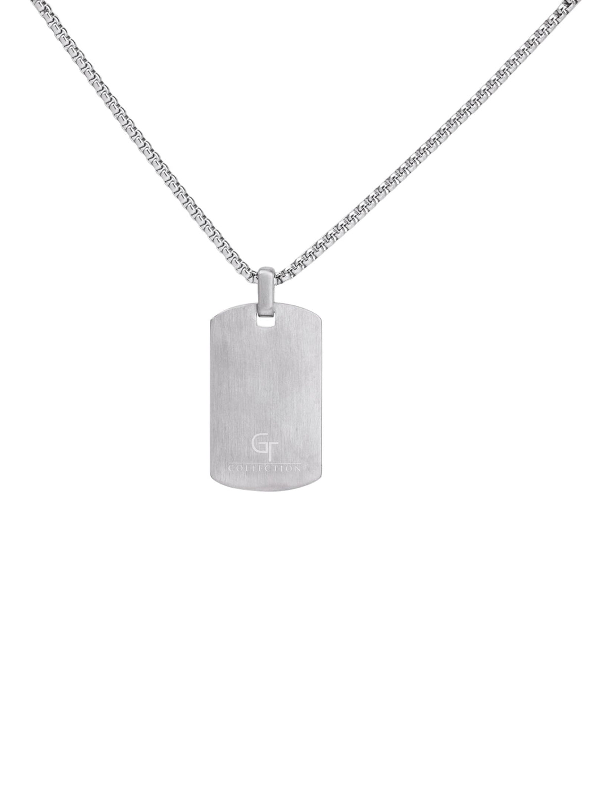 Silver-tone dog tag pendant with solid face and small top loop on a chain