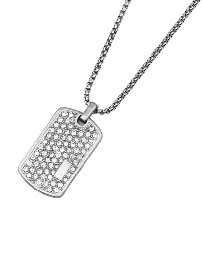 Silver-tone square dog tag pendant with clear stone pattern on a chain