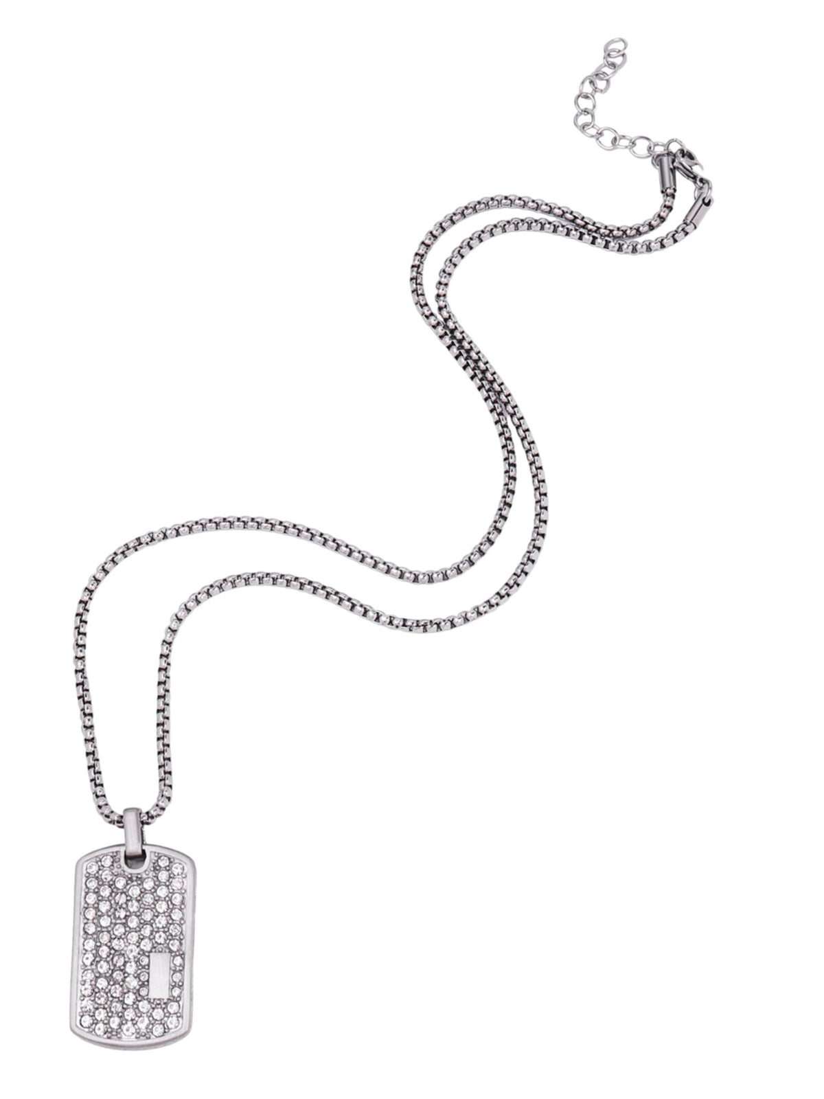 Silver-tone dog tag pendant necklace with long chain and round clasp end