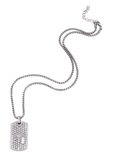 Silver-tone dog tag pendant necklace with long chain and round clasp end