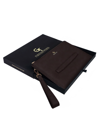 Brown leather pouch with wrist strap, gold zipper, and logo detail
