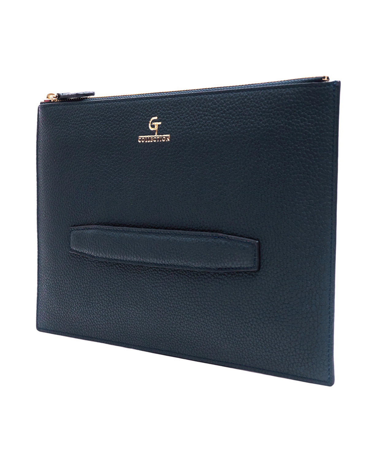 Blue leather pouch front with embossed logo and rectangular front pocket, gold zipper.