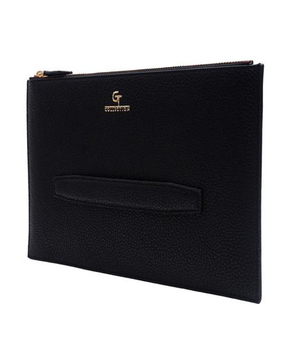 Black leather zipper pouch with front tab pocket and gold-tone logo