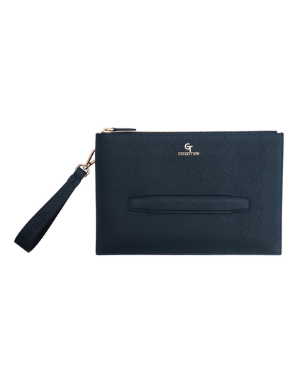 Blue leather pouch with zip top, front slip pocket, gold-tone zipper and logo.