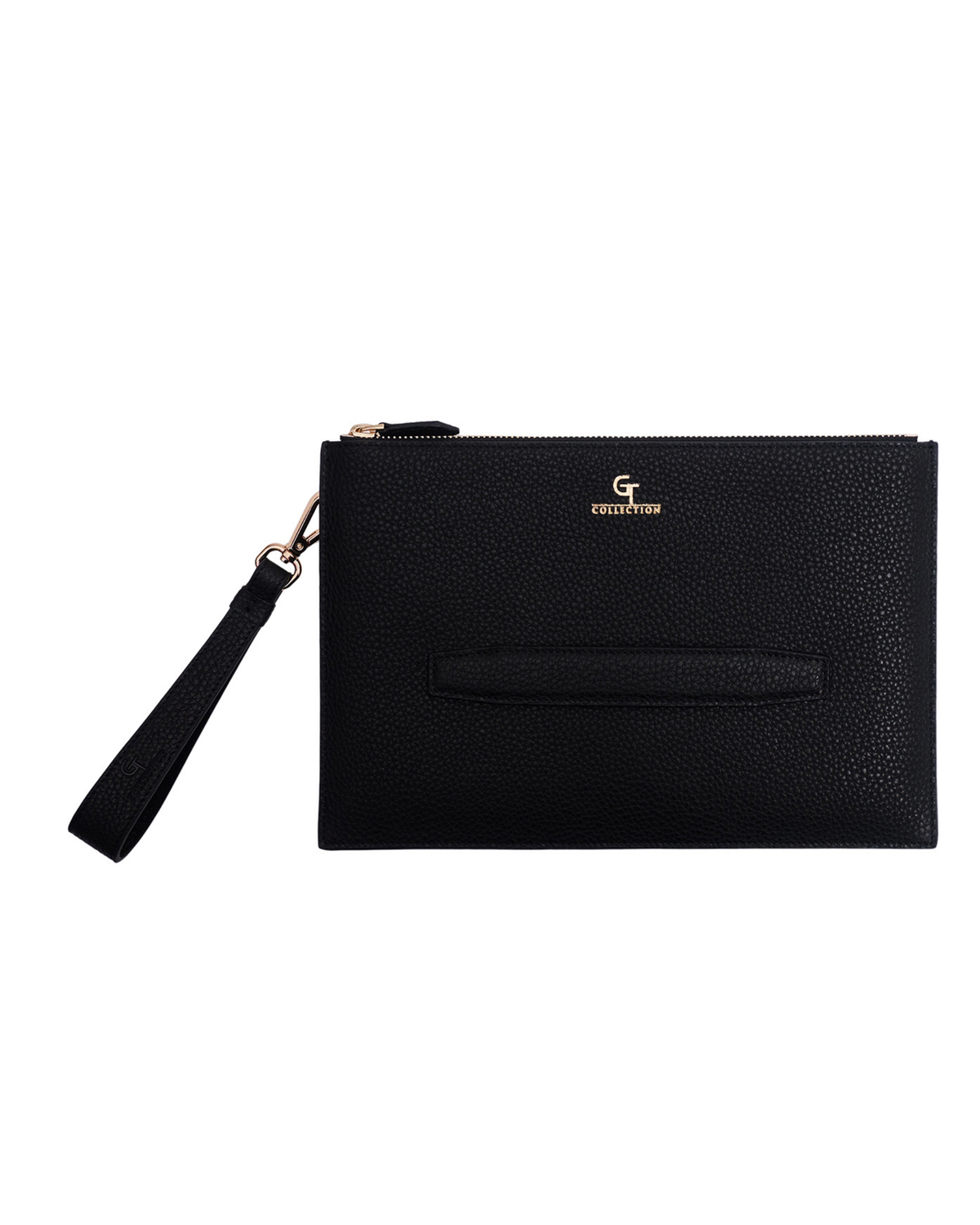 Black leather pouch with gold-tone logo and wrist strap