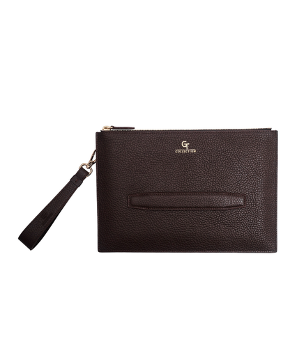 Brown leather pouch with gold zipper and side wrist strap