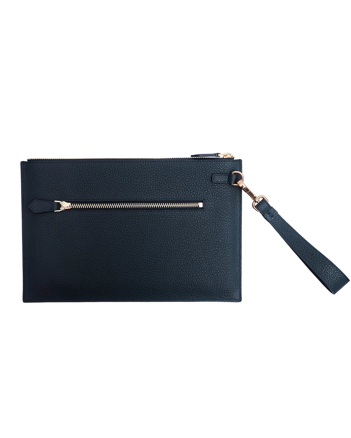 Blue leather zip pouch with wrist strap and front zipper detail, gold-tone accents.