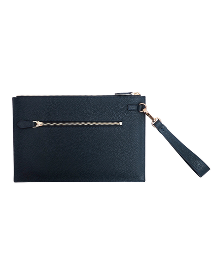 Blue leather zip pouch with wrist strap and front zipper detail, gold-tone accents.