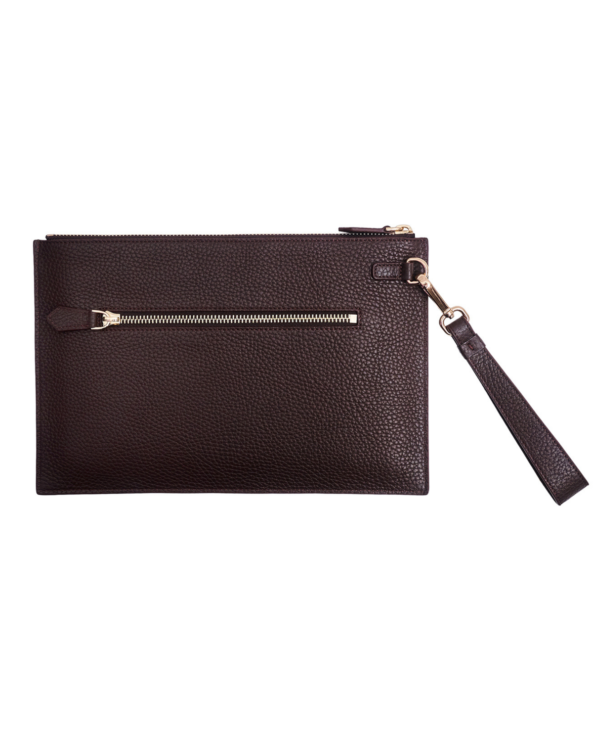 Brown leather pouch with gold zipper, wrist strap, and metal ring detail