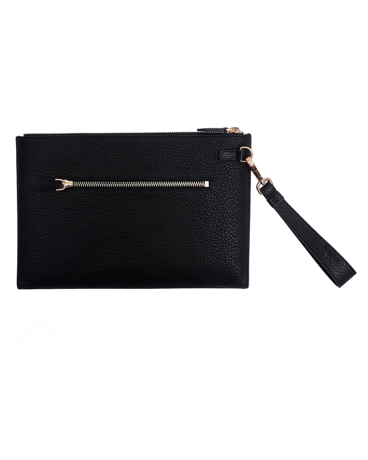 Black leather wrist pouch with zipper top and gold-tone trim