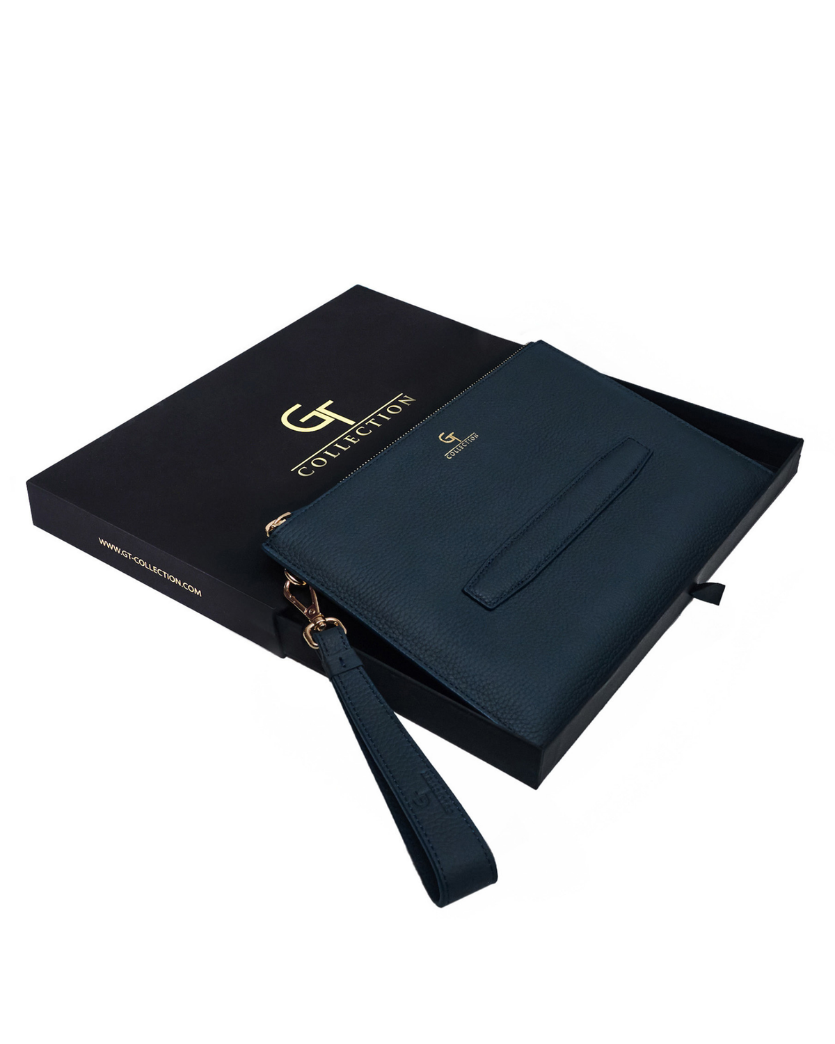 Blue leather pouch with wrist strap, gold-tone zipper and logo on front.