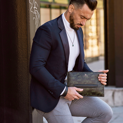 Men's Leather Hand Bag - Green Camouflage with golden details