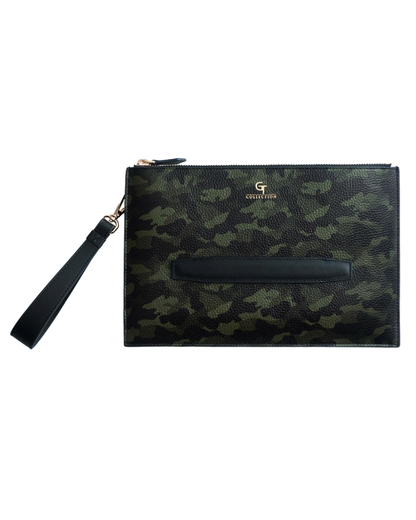 Camouflage leather clutch pouch with wrist strap, front tab pocket, gold-tone zipper