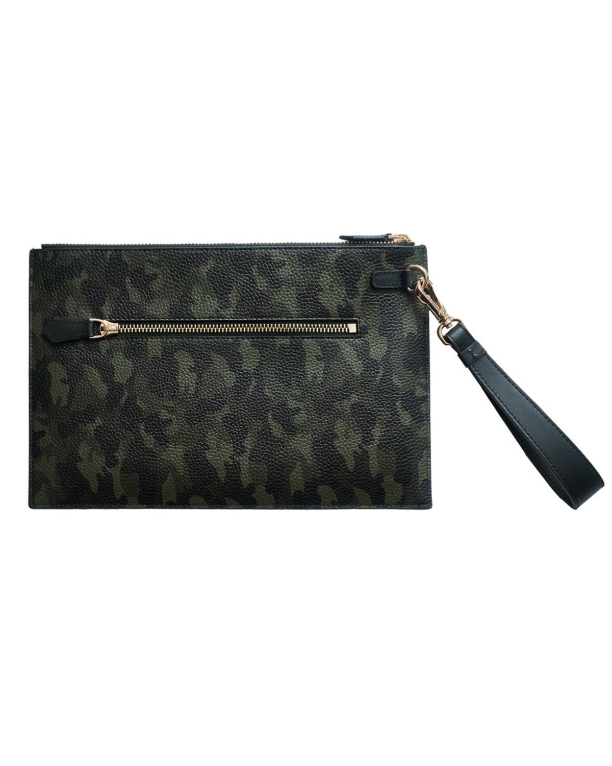 Camouflage leather pouch with side wrist strap and gold-tone zippered opening