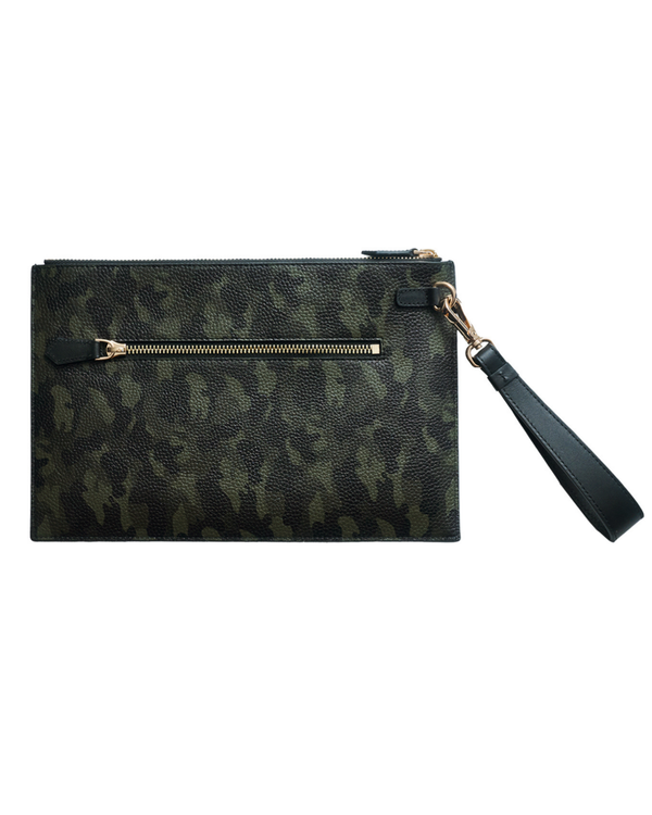 Camouflage leather pouch with side wrist strap and gold-tone zippered opening