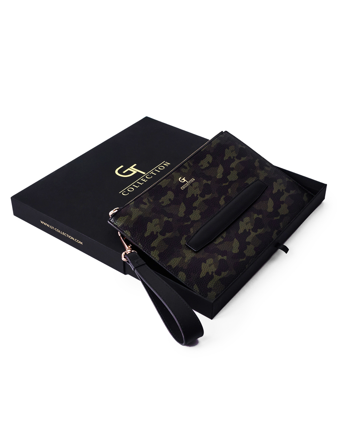 Green camouflage leather pouch with wrist strap, gold-tone zipper and logo