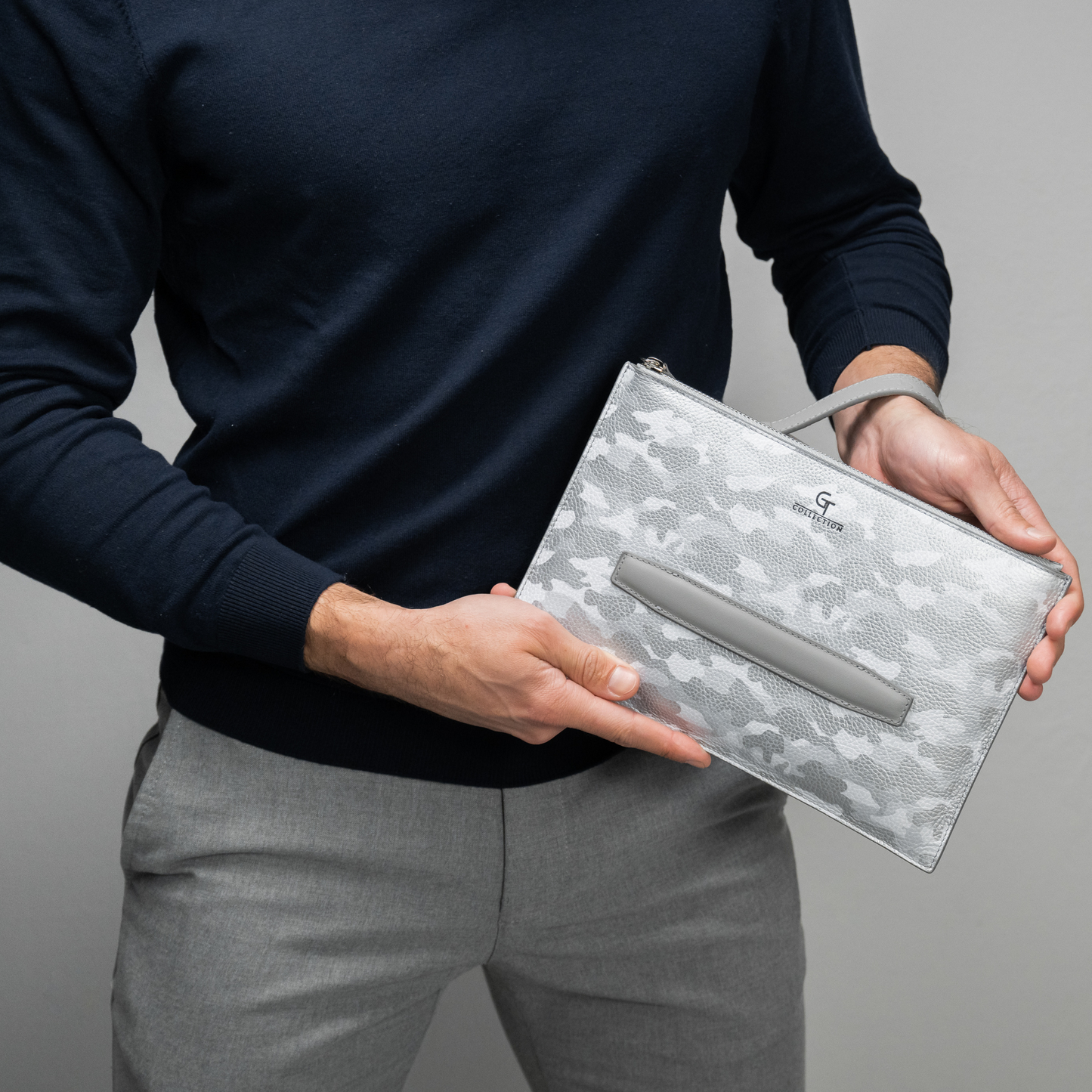 Men's Leather Hand Bag - White Camouflage with silver details