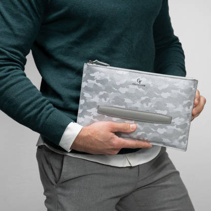 Men's Leather Hand Bag - White Camouflage with silver details