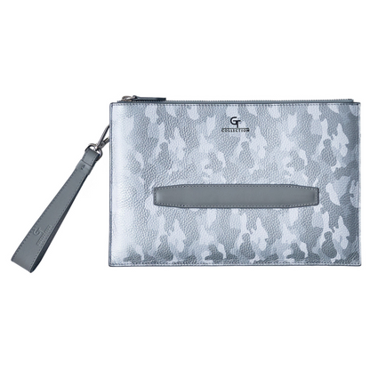 Men's Leather Hand Bag - White Camouflage with silver details