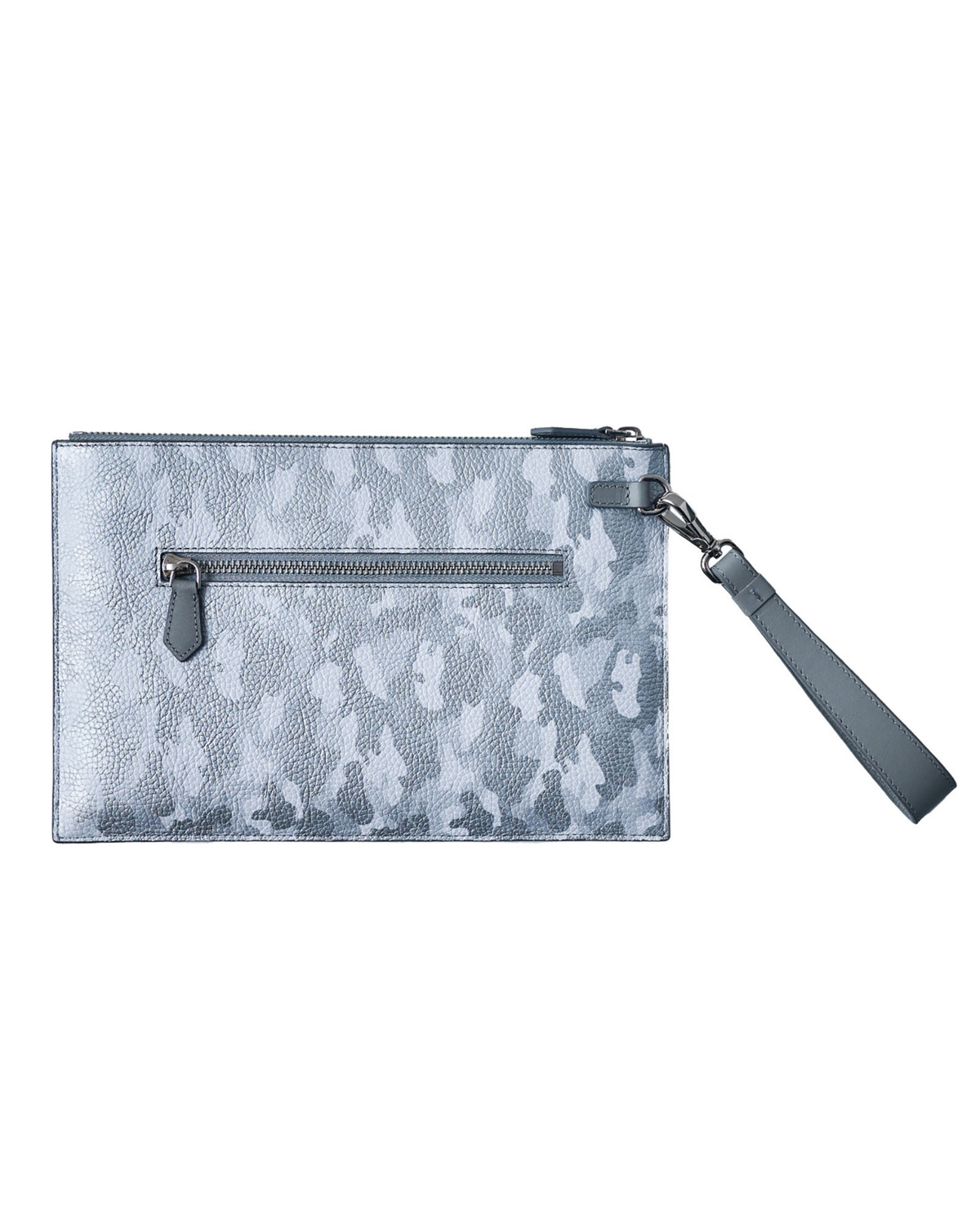 Silver camo leather pouch with wrist strap and zip closure, side view