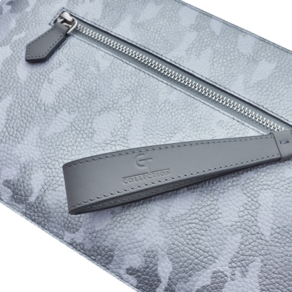 Men's Leather Hand Bag - White Camouflage with silver details