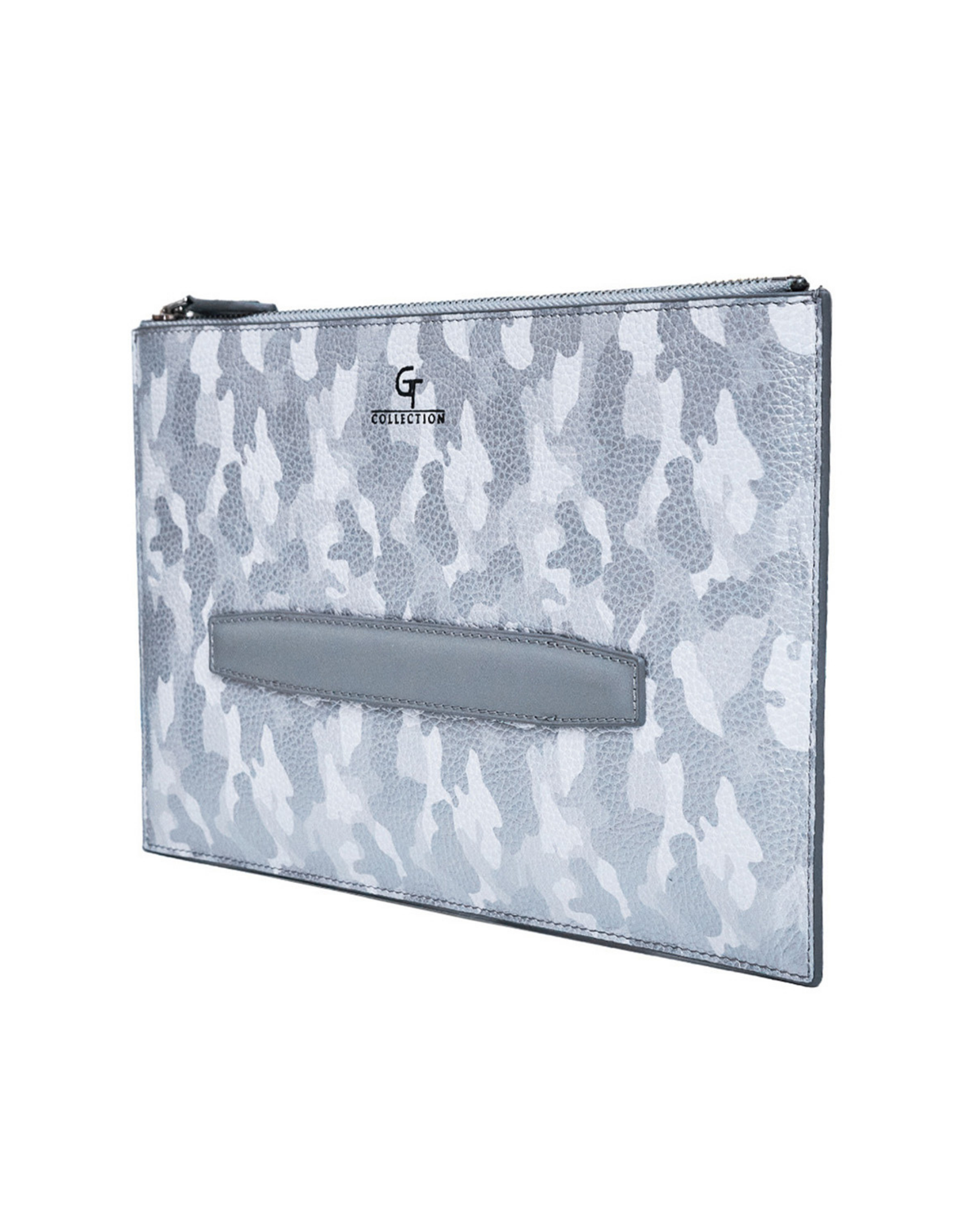 Silver-gray camouflage leather pouch with zip closure and centered logo
