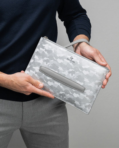 Silver camo leather wrist pouch with zip closure and embossed logo panel